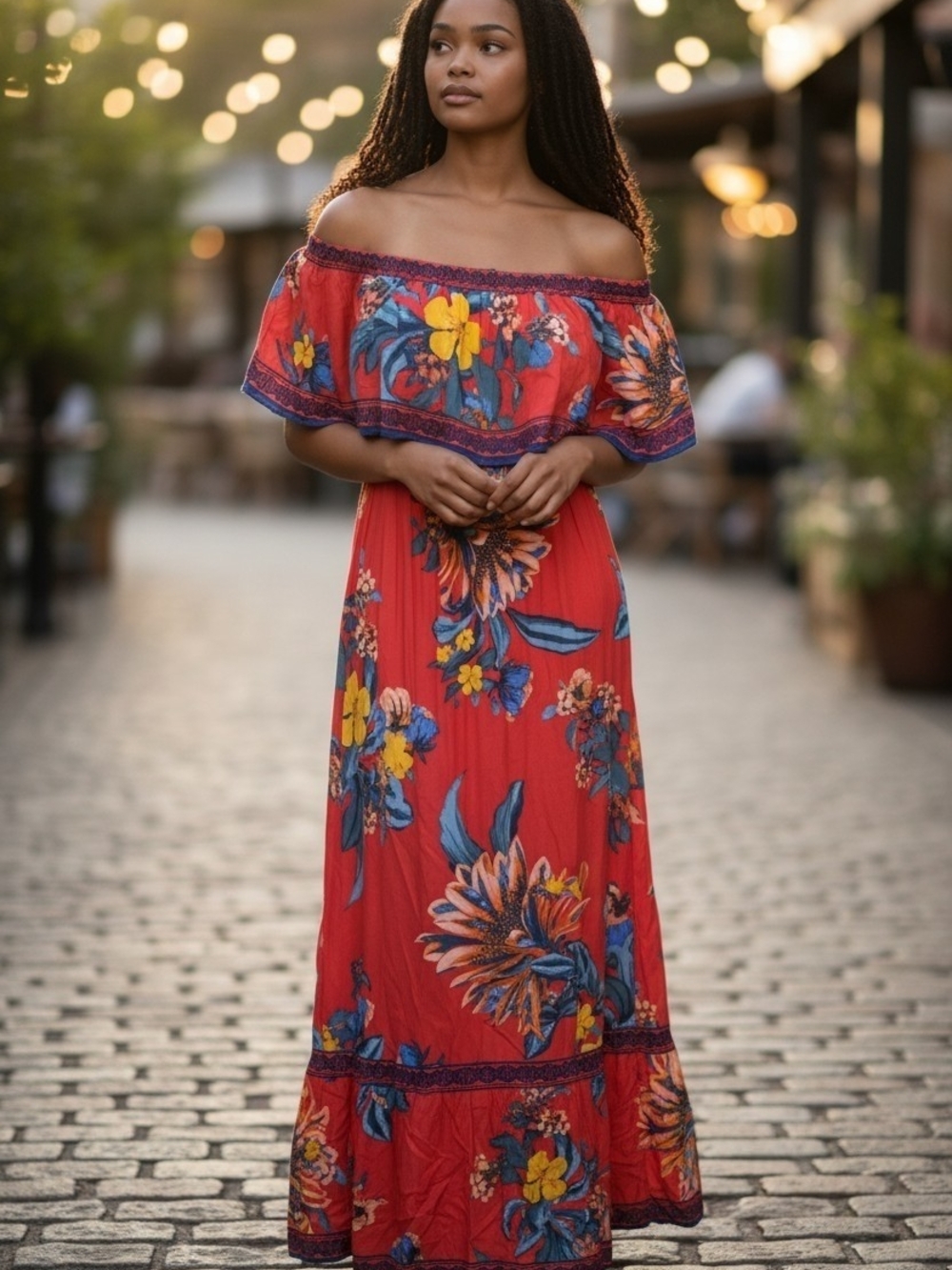 Flying Tomato Red One-Shoulder Floral Maxi Dress